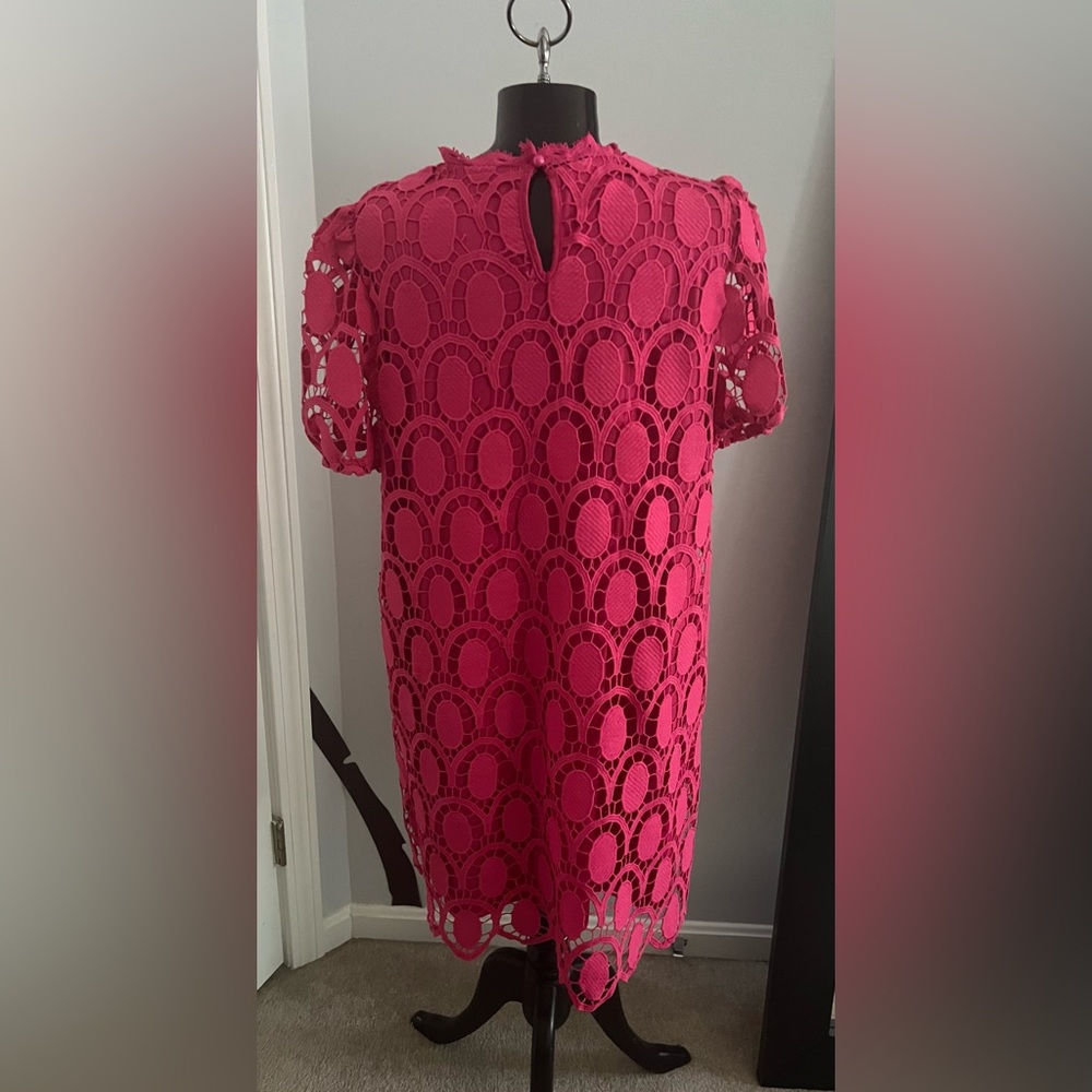 SHEIN Pink Lace Midi Dress with Puff Sleeves